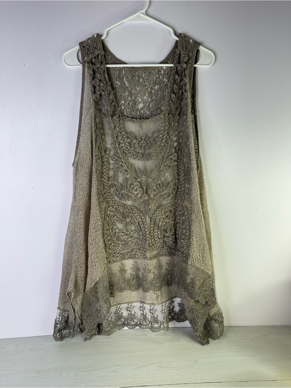 Boho Lace Overlay Tank Top - Taupe mohair blend , Italy XL